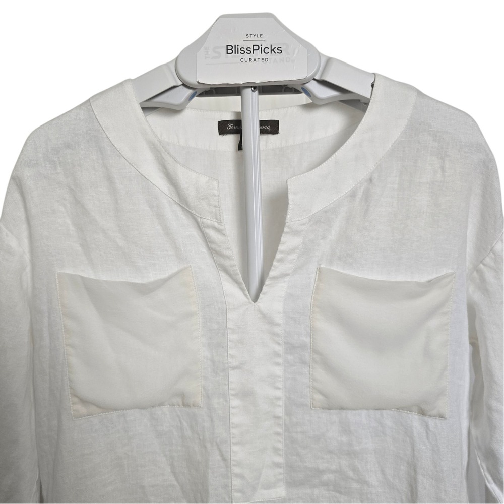 Tommy‎ Bahama Linen Silk Tunic Top Women's White Split Neck Pocket Blouse Small - Picture 7 of 10